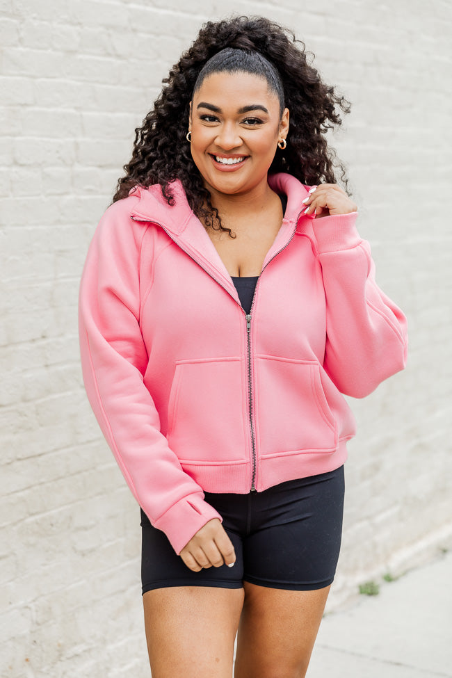 Making It Look Easy Coral Ribbed Shoulder Full Zip Pullover