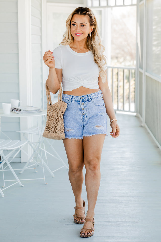 Off On The Town Button-Fly Distressed Light Wash Shorts FINAL SALE