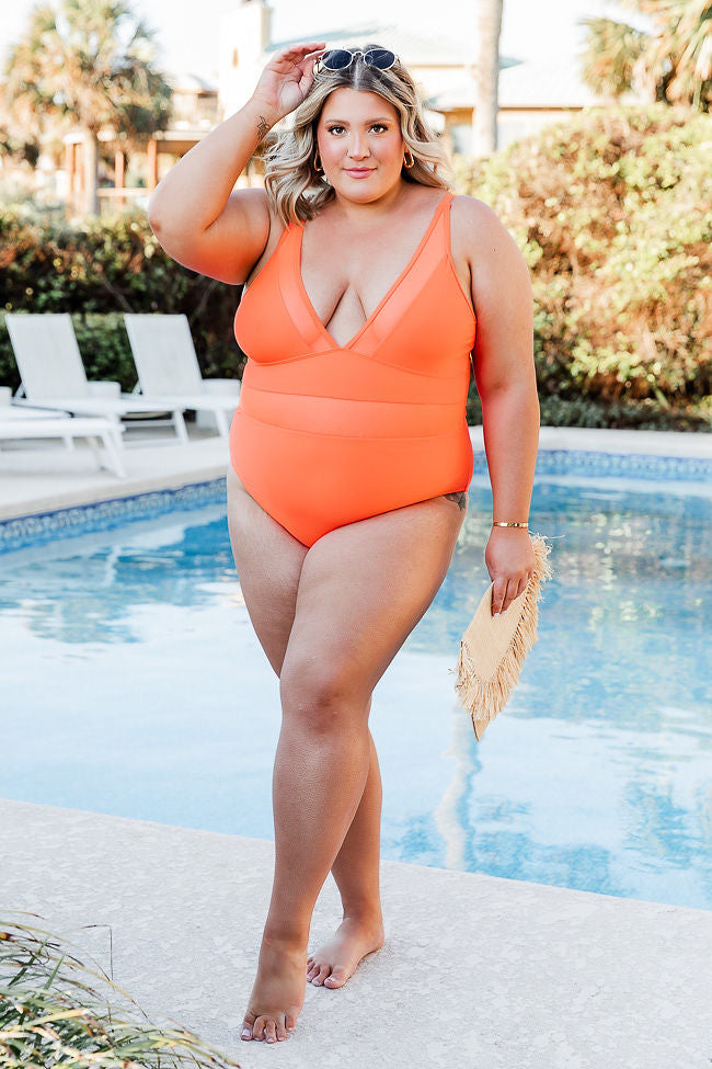 Lost In The Waves Bright Orange V Neck One Piece Swimsuit FINAL