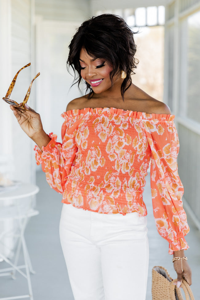 On A Whim Orange Floral Smocked Long Sleeve Blouse