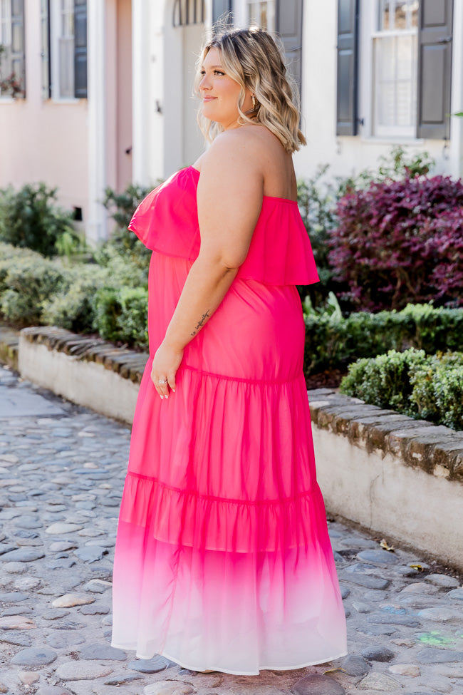 Bright On Time Hot Pink Ombre Strapless Maxi Dress