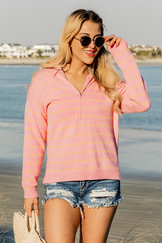 Don't Think About It Pink and Orange Striped Quarter Zip Pullover