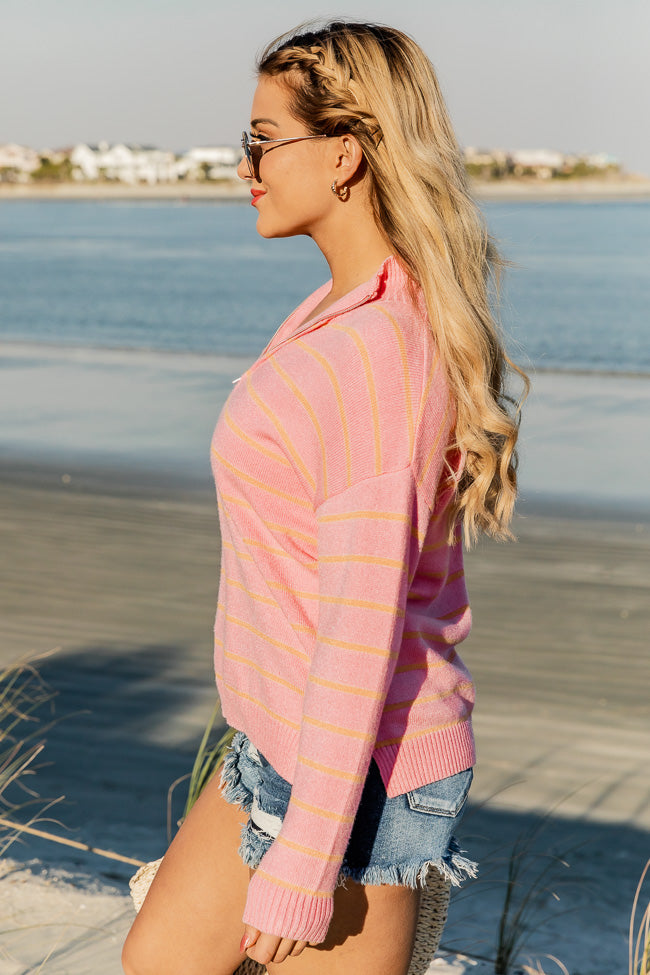 Don't Think About It Pink and Orange Striped Quarter Zip Pullover