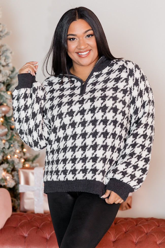 All Cozied Up Fuzzy Black and Ivory Houndstooth Quarter Zip Pullover