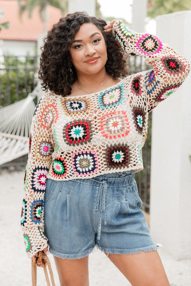 Keep On Dreaming Beige Multi Crochet Sweater