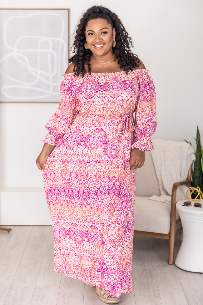 Dynamic Love Pink Printed Off The Shoulder Maxi Dress FINAL SALE Pink Lily