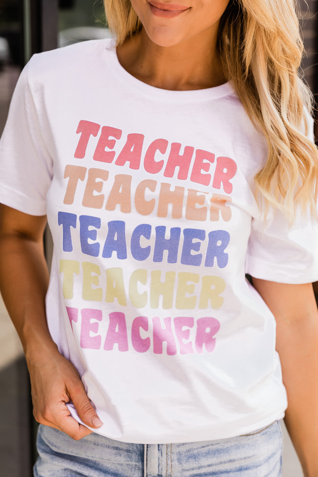 Teacher Multi White Graphic Tee, S - Women's - Pink Lily Boutique