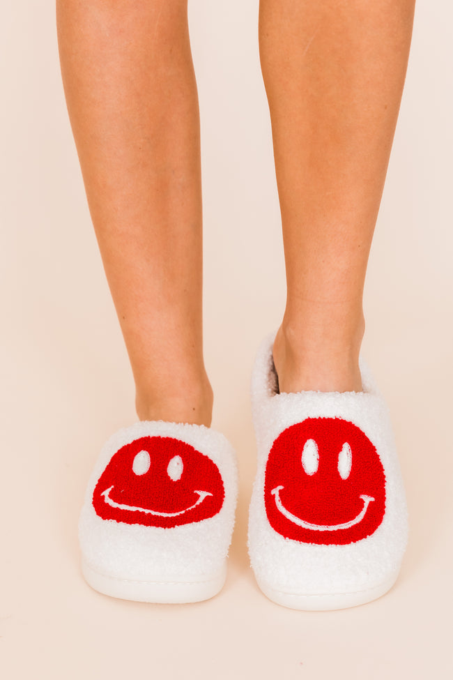 Red Smiley on White Slippers