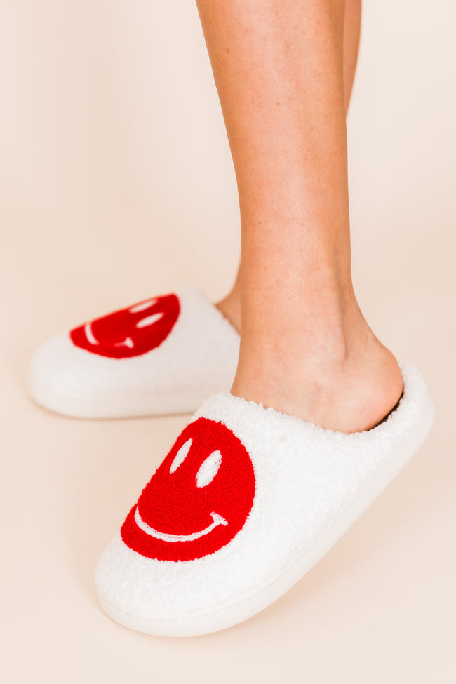 Red Smiley on White Slippers