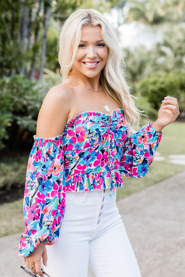 Sonic Blooms Multi Floral Off The Shoulder Long Sleeve Blouse