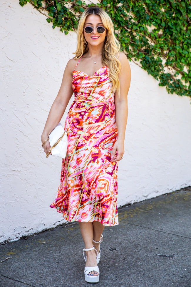 Satin floral midi clearance dress