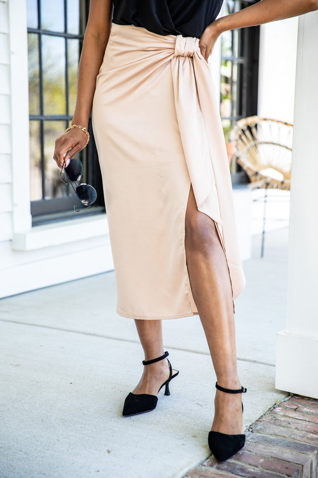 Let's Stay Forever Taupe Satin Knot Detail Midi Skirt FINAL SALE