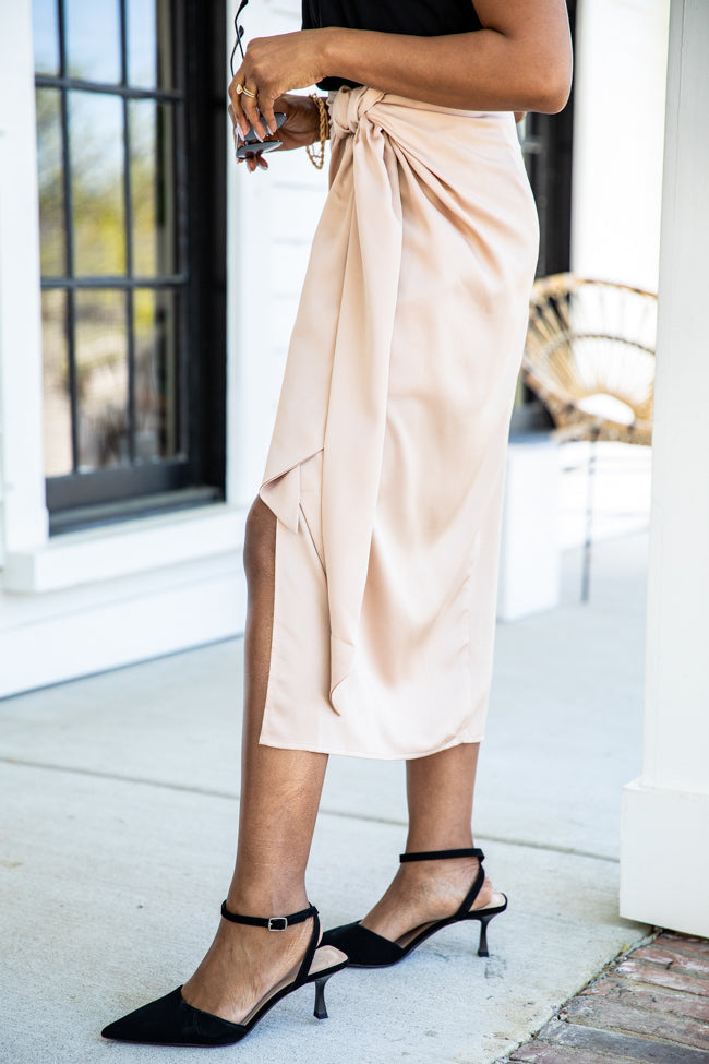 Let's Stay Forever Taupe Satin Knot Detail Midi Skirt FINAL SALE