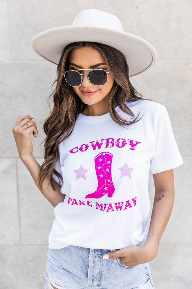 Cowboy Take Me Away Pink White Graphic Tee