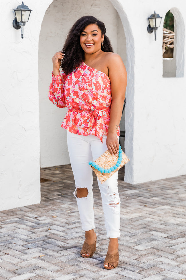 Destination Unknown One Shoulder Blouse in Watercolor Red Floral