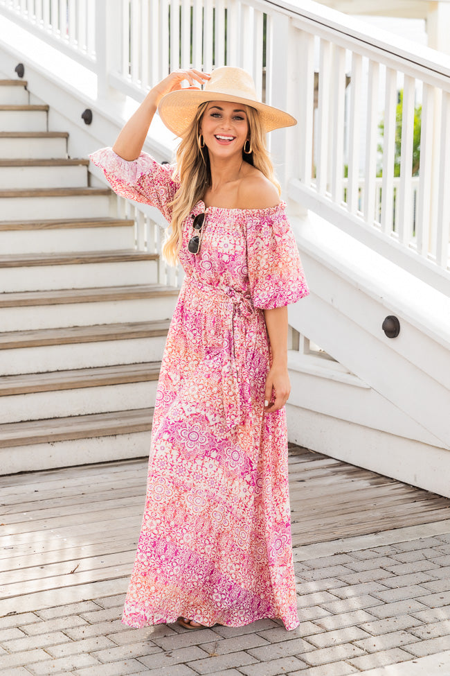 Dynamic Love Pink Printed Off The Shoulder Maxi Dress FINAL SALE