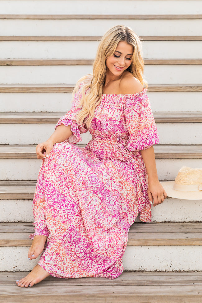 Dynamic Love Pink Printed Off The Shoulder Maxi Dress FINAL SALE – Pink Lily