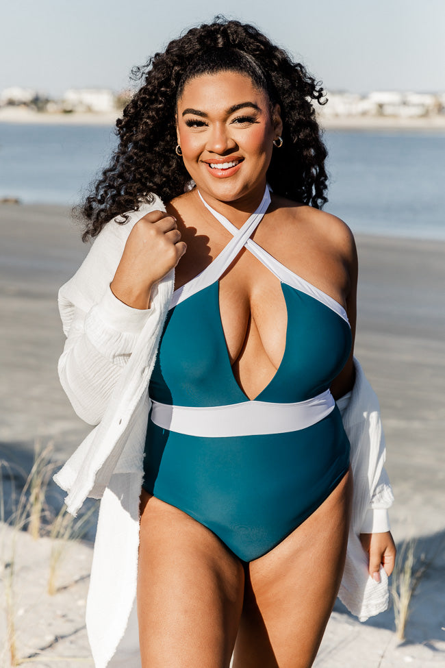 Free As The Sea Teal Cross Halter Neck One Piece Swimsuit FINAL