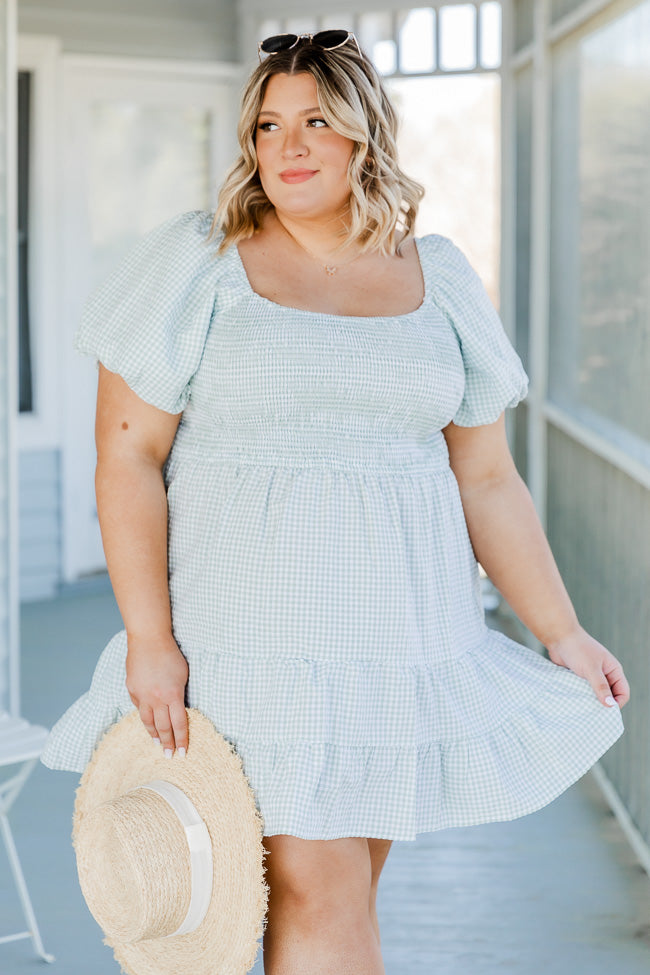 Down By The Shore Smocked Green Gingham Mini Dress