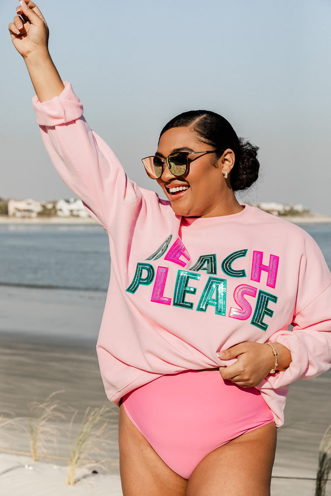 Beach Please Chenille Patch Light Pink Oversized Graphic Sweatshirt