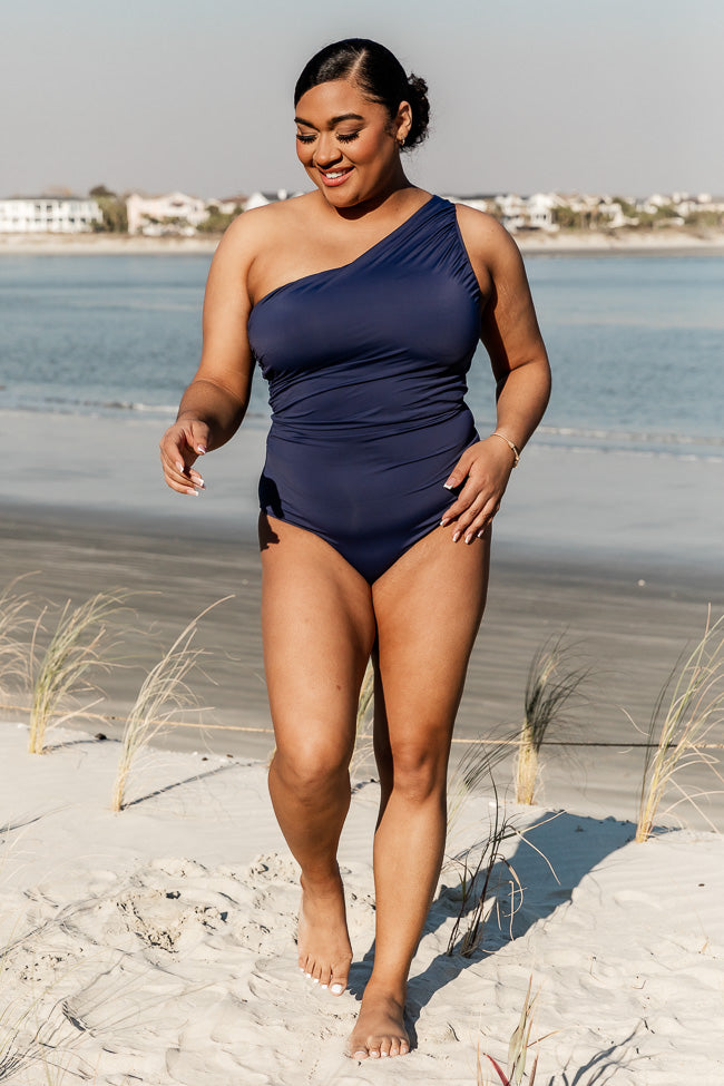 Navy one hotsell shoulder swimsuit