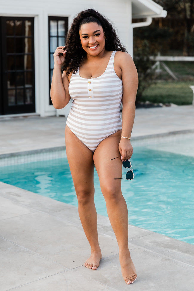 Lap Of Luxury White and Beige Stripe One Piece Swimsuit FINAL SALE