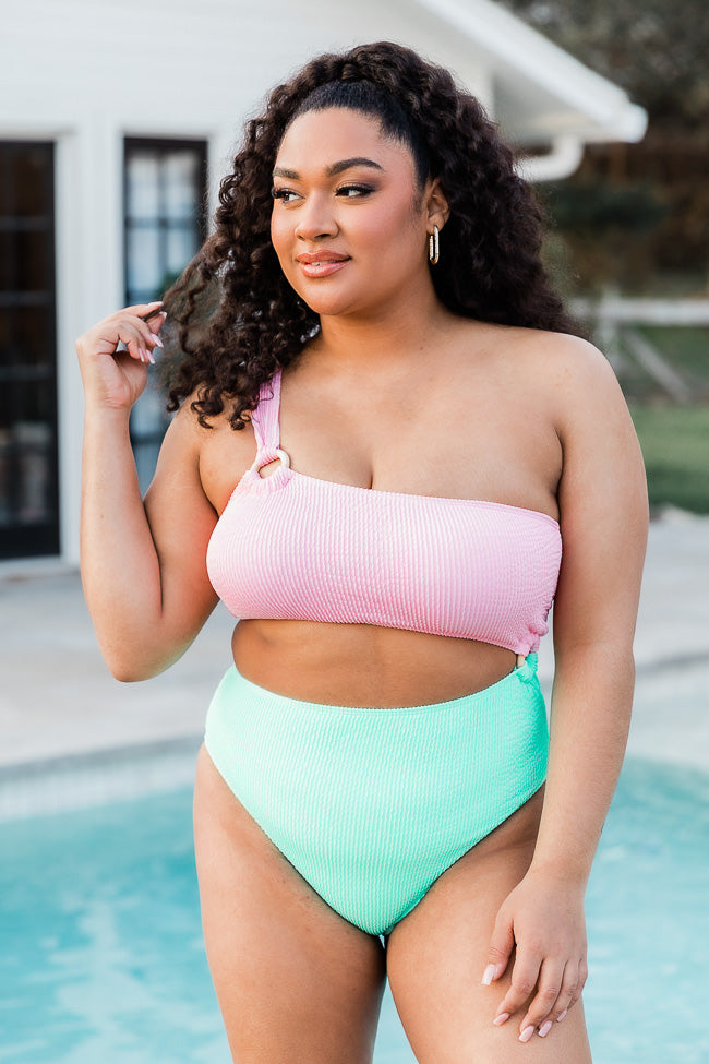 Sweet Daydreams Pink and Mint Cutout One Shoulder Swimsuit FINAL SALE