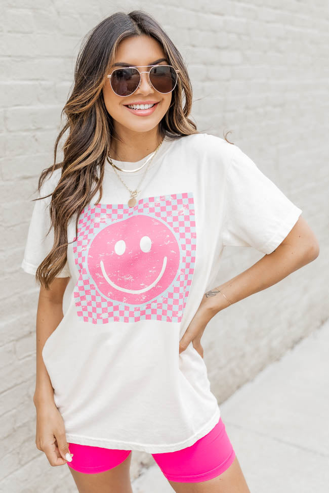 Pink And Teal Checkered Smiley Ivory Graphic Tee