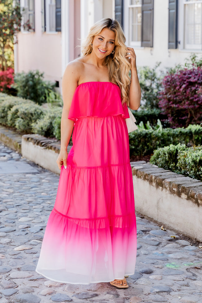Bright On Time Hot Pink Ombre Strapless Maxi Dress