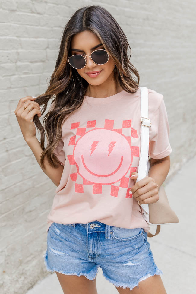 Lightning Bolt Checkered Smiley Peach Graphic Tee