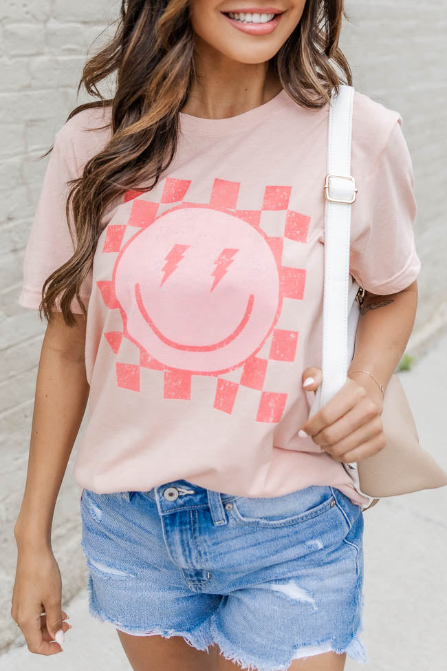 Lightning Bolt Checkered Smiley Peach Graphic Tee