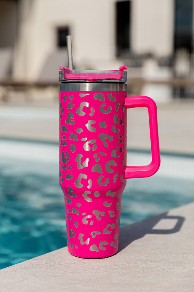 Sippin' Pretty Hot Pink Leopard 40 oz Drink Tumbler With Lid And Straw