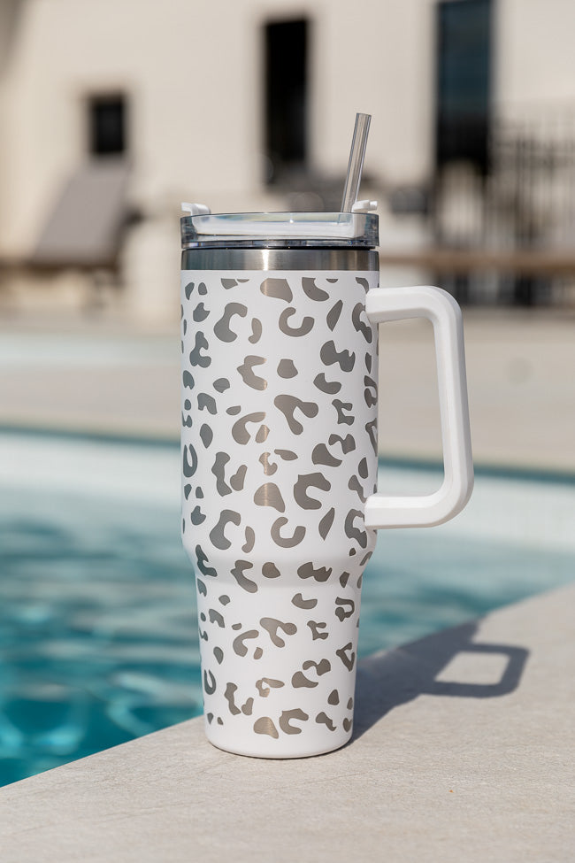 Sippin' Pretty White Leopard 40 oz Drink Tumbler With Lid And Straw