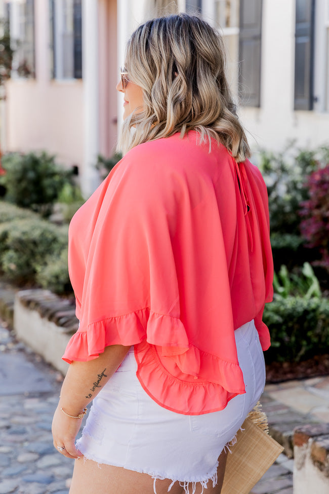 Holding On To Forever Coral Flutter Sleeve Wrap Bodysuit