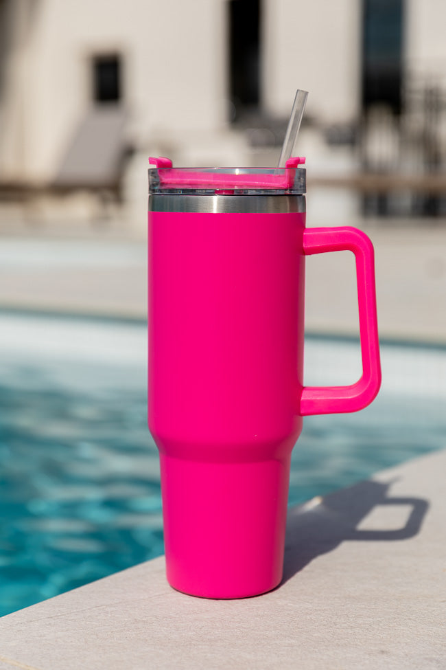 Neon Pink 40oz Tumbler With Handle Sleeve no pop – Drink Handlers