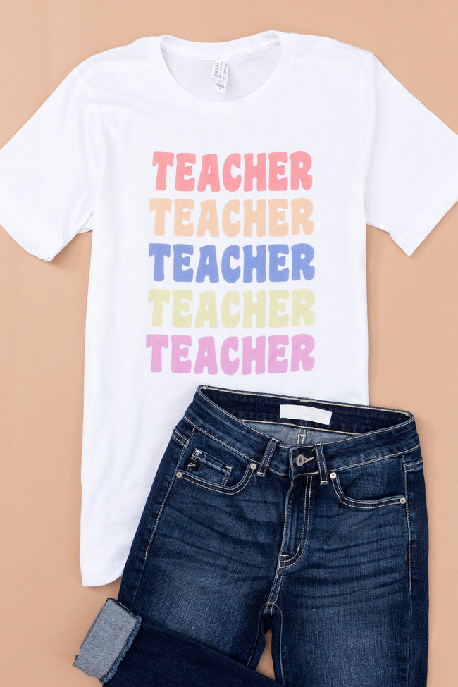 Teacher Multi White Graphic Tee, S - Women's - Pink Lily Boutique