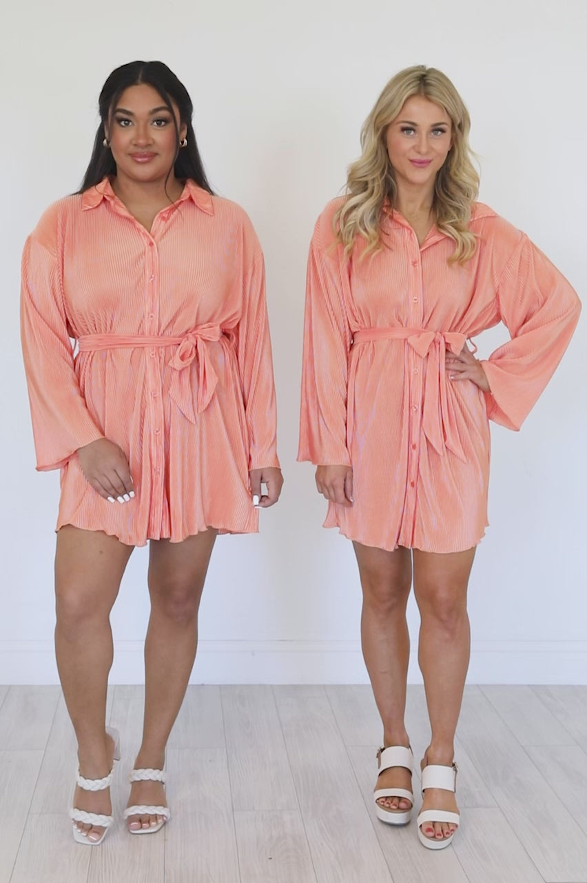 Something To Say Long Sleeve Orange Plisse Shirt Dress FINAL SALE – Pink  Lily