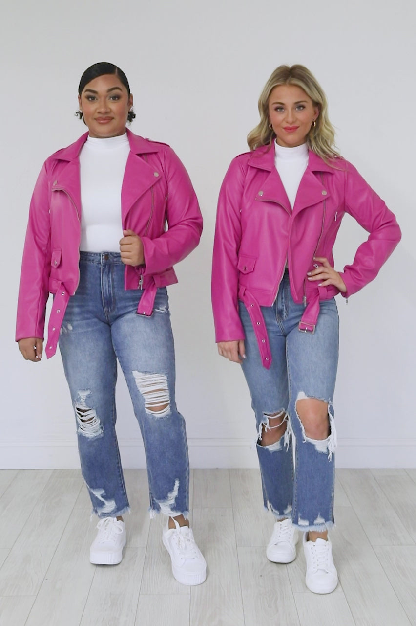 Meet Me There Pink Faux Leather Moto Jacket – Pink Lily