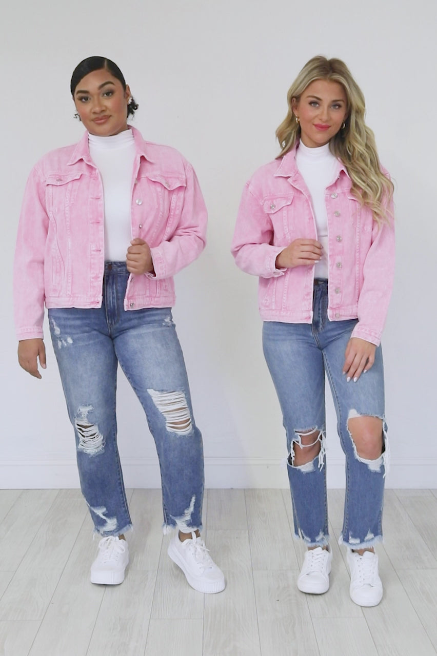 You Belong With Me Pink Acid Wash Denim Jacket – Pink Lily