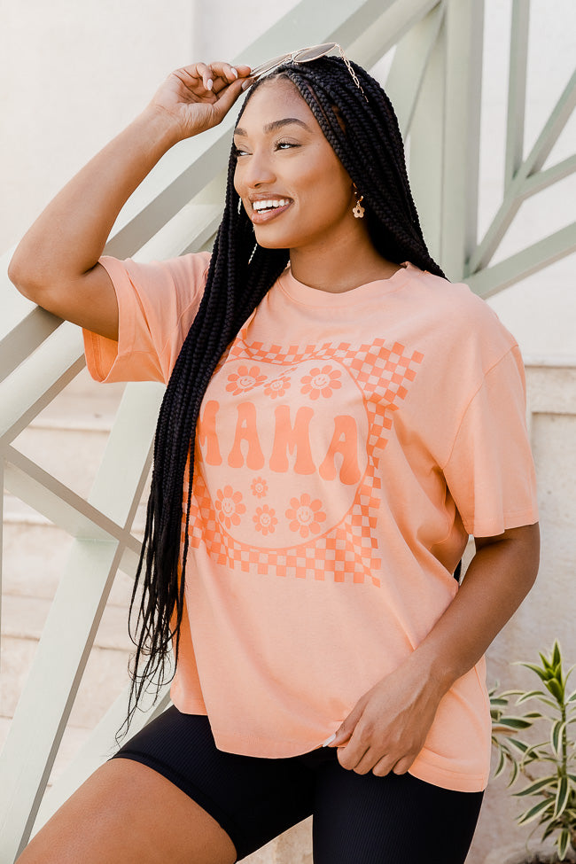 Mama Checkered Daisy Coral Oversized Graphic Tee