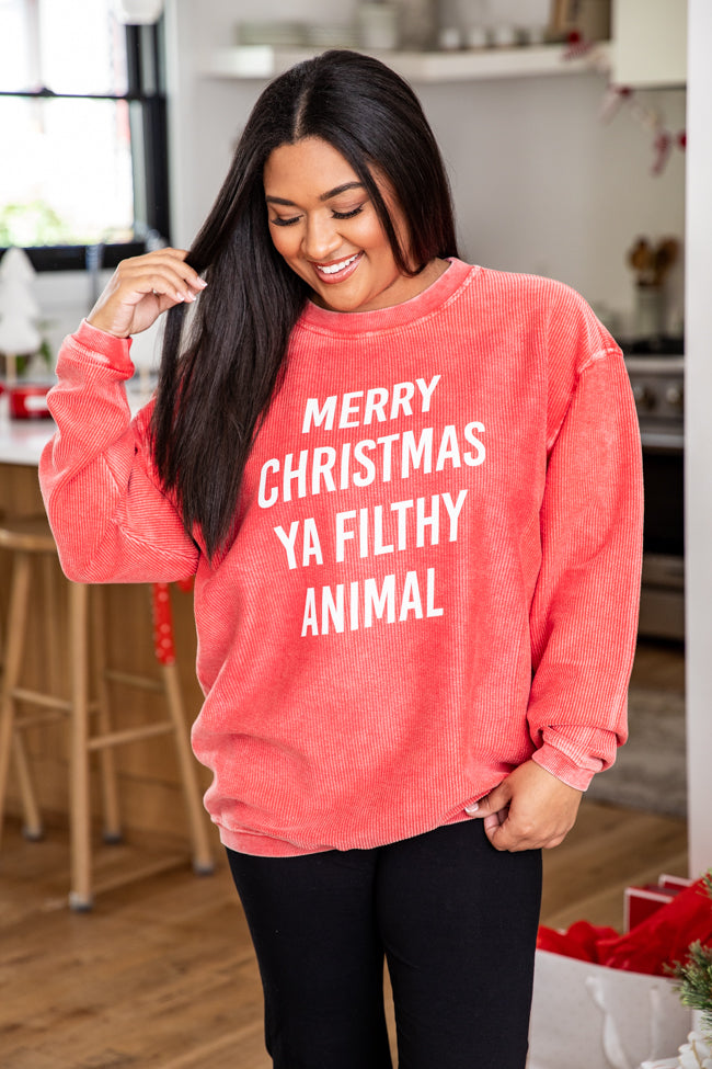 Merry Christmas Ya Filthy Animal Red Corded Graphic Sweatshirt