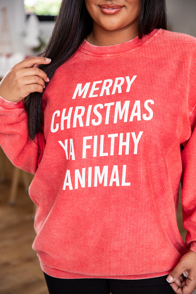 Merry Christmas Ya Filthy Animal Red Corded Graphic Sweatshirt