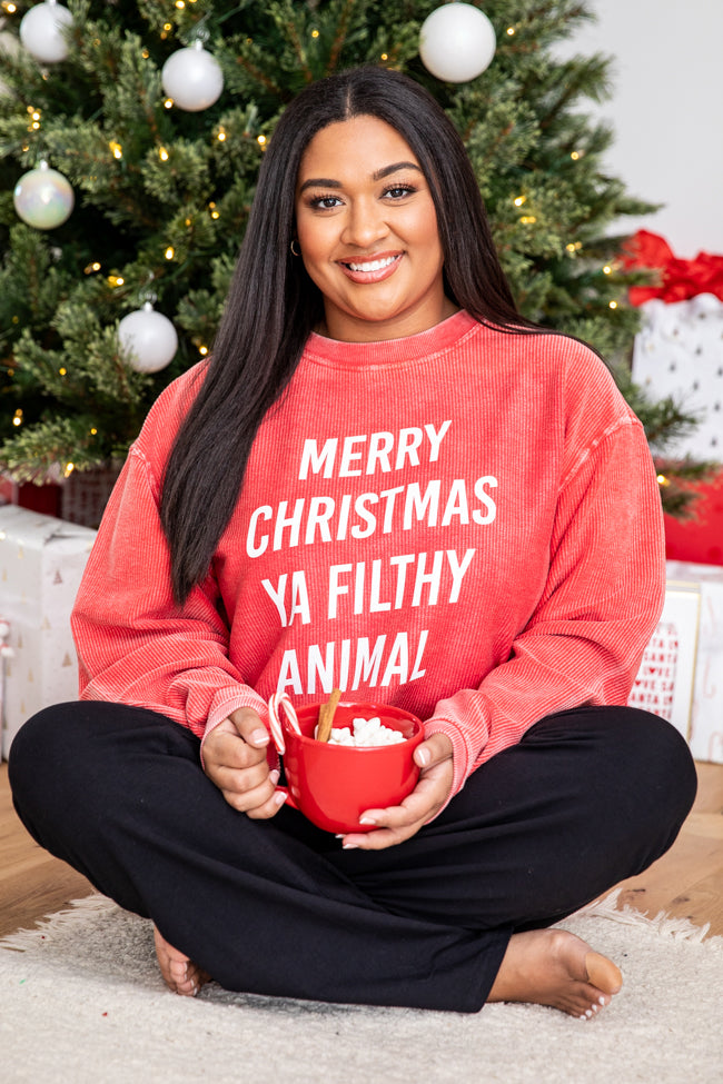 Merry Christmas Ya Filthy Animal Red Corded Graphic Sweatshirt