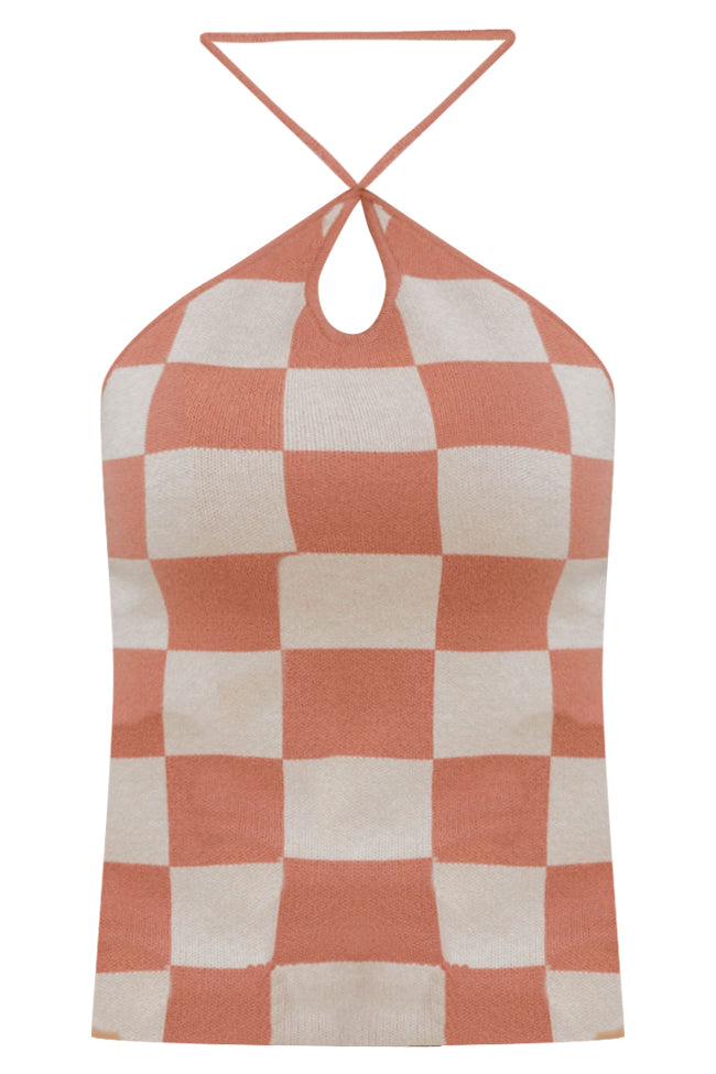 Couldn't Be Better Terracotta Checkered Halter Neck Sweater Tank FINAL SALE