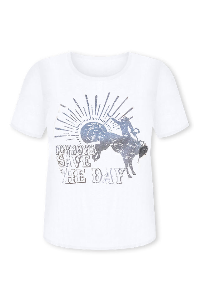 Cowboys Save The Day Cream Graphic Tee, Women's Medium - with White - Concert Outfit - Pink Lily Boutique