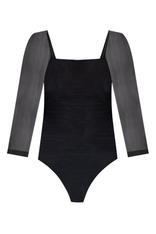 Ex's And Oh's Black Square Neck Mesh Sleeve Bodysuit FINAL SALE
