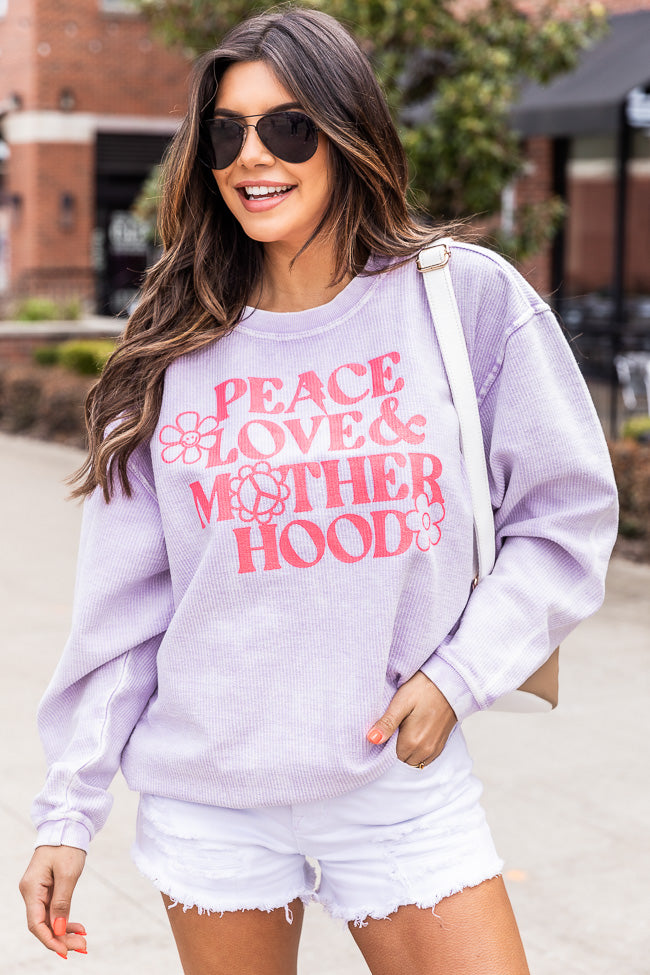 Peace Love and Motherhood Lilac Corded Graphic Sweatshirt