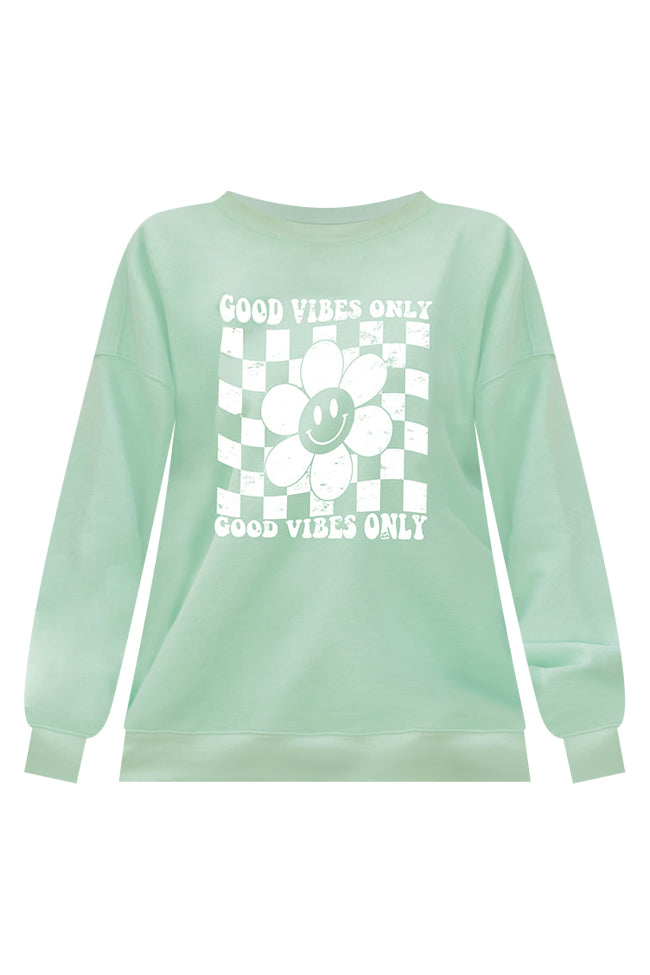 Good Vibes Only Smiley Checkered Mint Oversized Graphic Sweatshirt