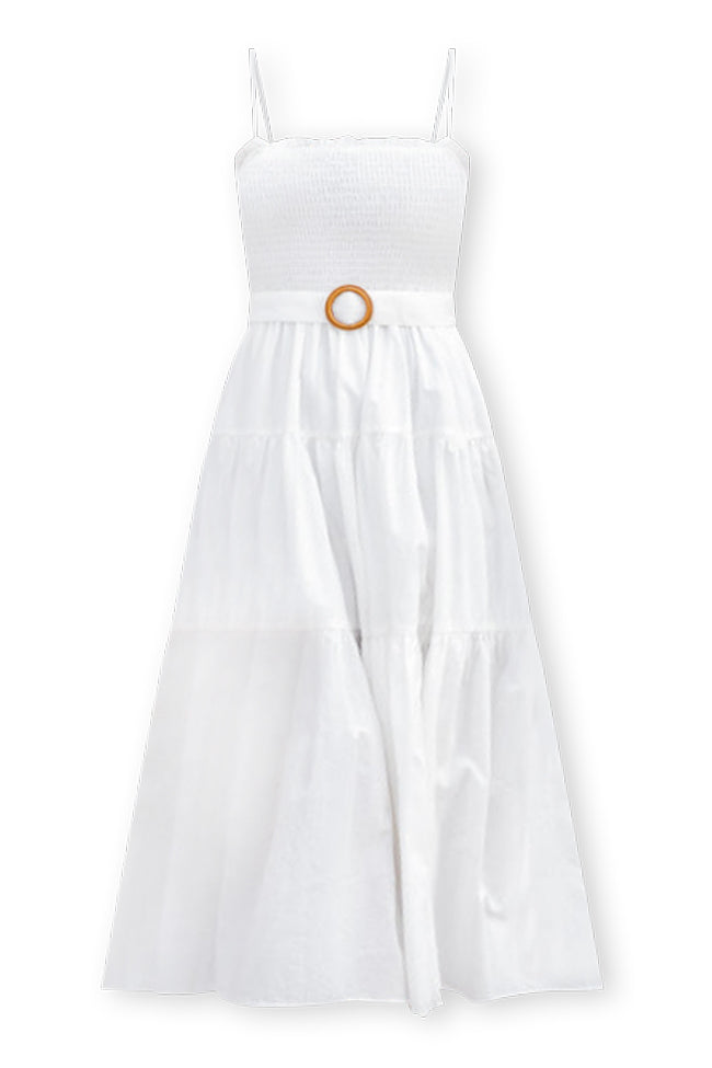 Hard To Please Smocked White Belted Midi Dress FINAL SALE