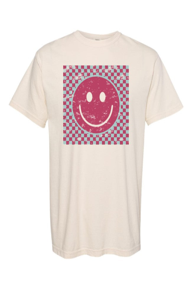 Pink And Teal Checkered Smiley Ivory Graphic Tee